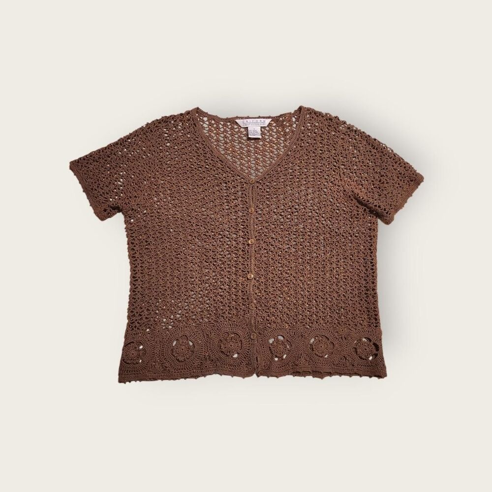 Vintage Y2k early 2000s brown knit floral button up short sleeve cardigan